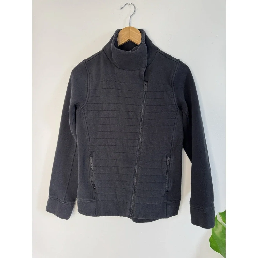 Lululemon Fleece Be True Moto Jacket Womens Size 2‎ Black Asymmetric Zip Quilted